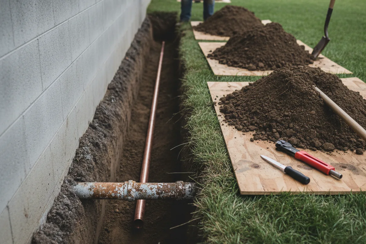 Excavated water line trench during Sewer Line Repair in Assonet
